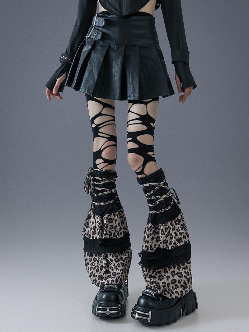 IKIOU Gothic Y2K Leg Warmers, Black Leopard Print Ruffled Design, One Size, Alternative Fashion Punk Style Leg Sleeves with Decorative Straps - Image 3